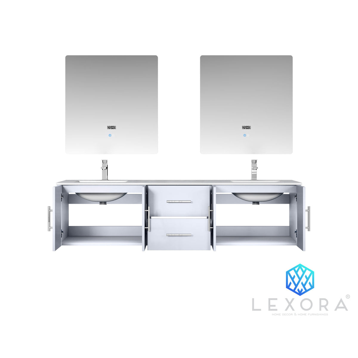 Lexora Geneva 72" Glossy White Double Vanity, White Carrara Marble Top, White Square Sinks and 30" LED Mirrors LG192272DMDSLM30 - MyBBQDirect