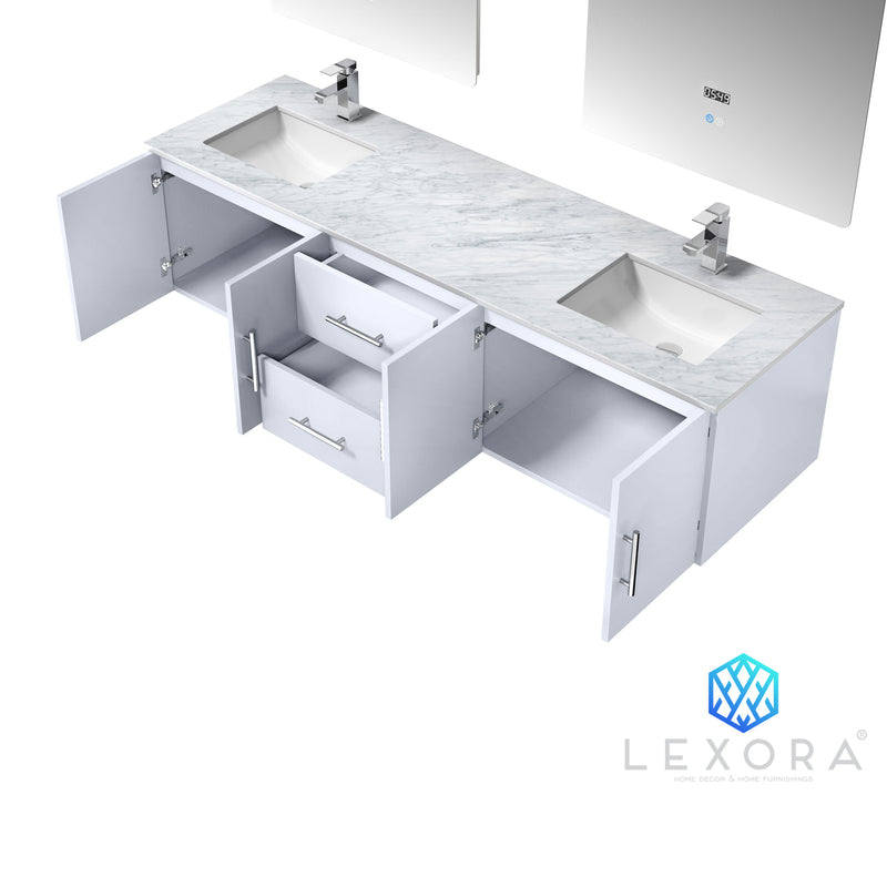 Lexora Geneva 72" Glossy White Double Vanity, White Carrara Marble Top, White Square Sinks and 30" LED Mirrors LG192272DMDSLM30