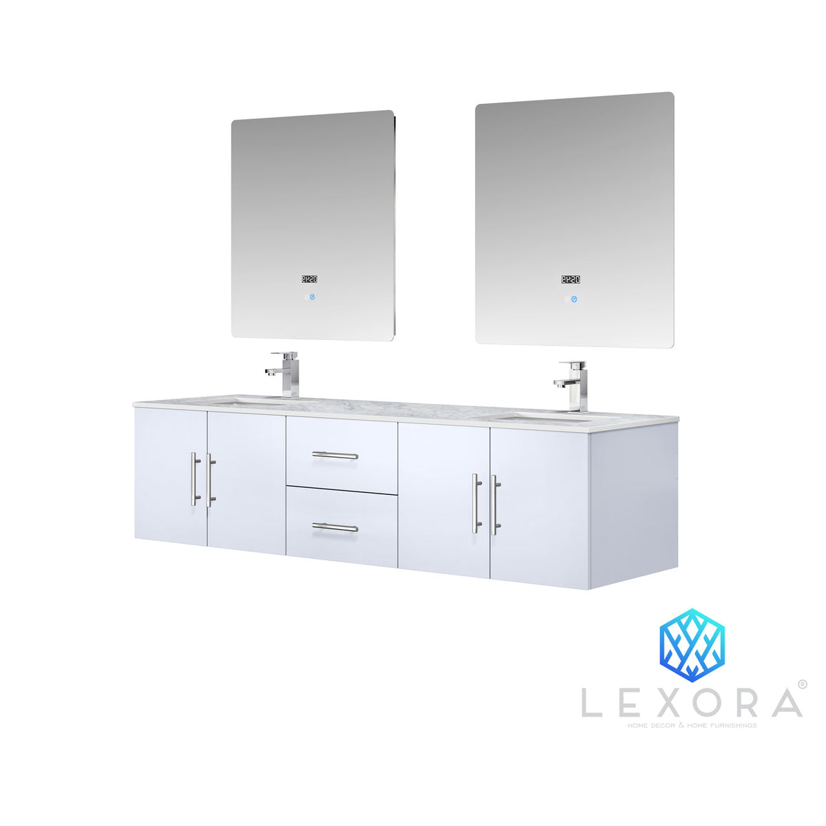 Lexora Geneva 72" Glossy White Double Vanity, White Carrara Marble Top, White Square Sinks and 30" LED Mirrors LG192272DMDSLM30 - MyBBQDirect