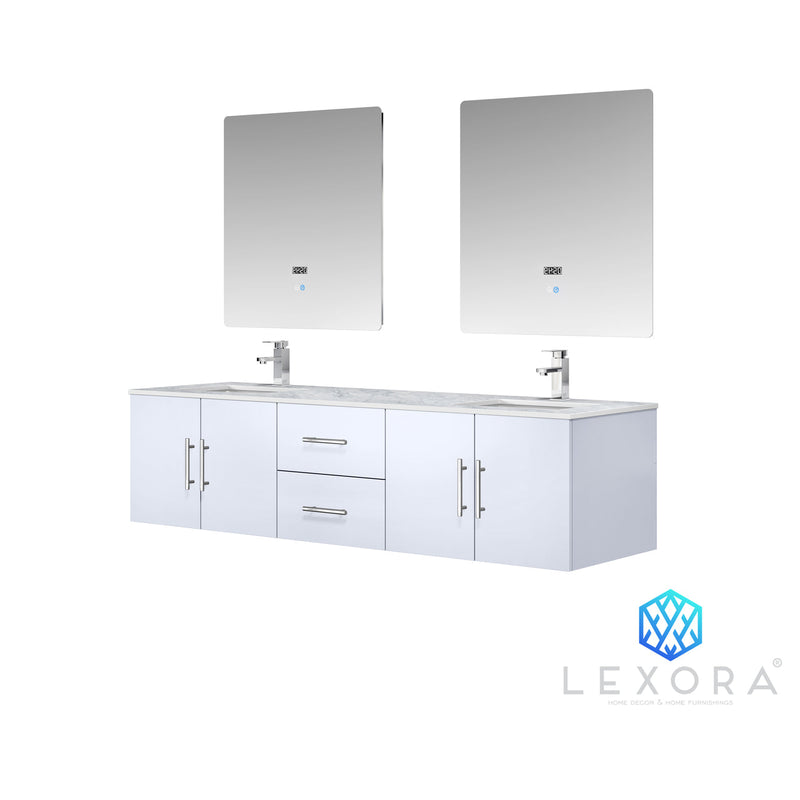 Lexora Geneva 72" Glossy White Double Vanity, White Carrara Marble Top, White Square Sinks and 30" LED Mirrors LG192272DMDSLM30