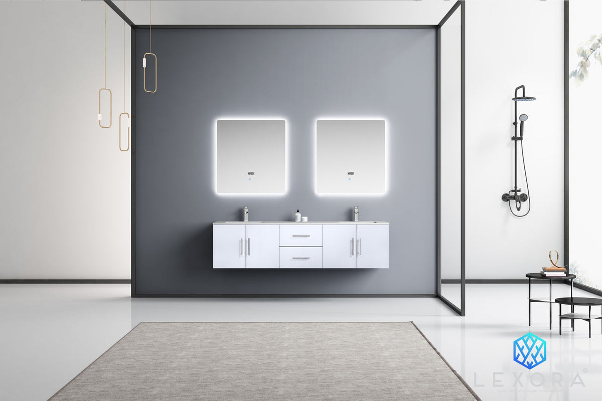 Lexora Geneva 72" Glossy White Double Vanity, White Carrara Marble Top, White Square Sinks and 30" LED Mirrors LG192272DMDSLM30 - MyBBQDirect