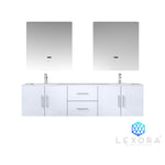 Lexora Geneva 72" Glossy White Double Vanity, White Carrara Marble Top, White Square Sinks and 30" LED Mirrors LG192272DMDSLM30 - MyBBQDirect