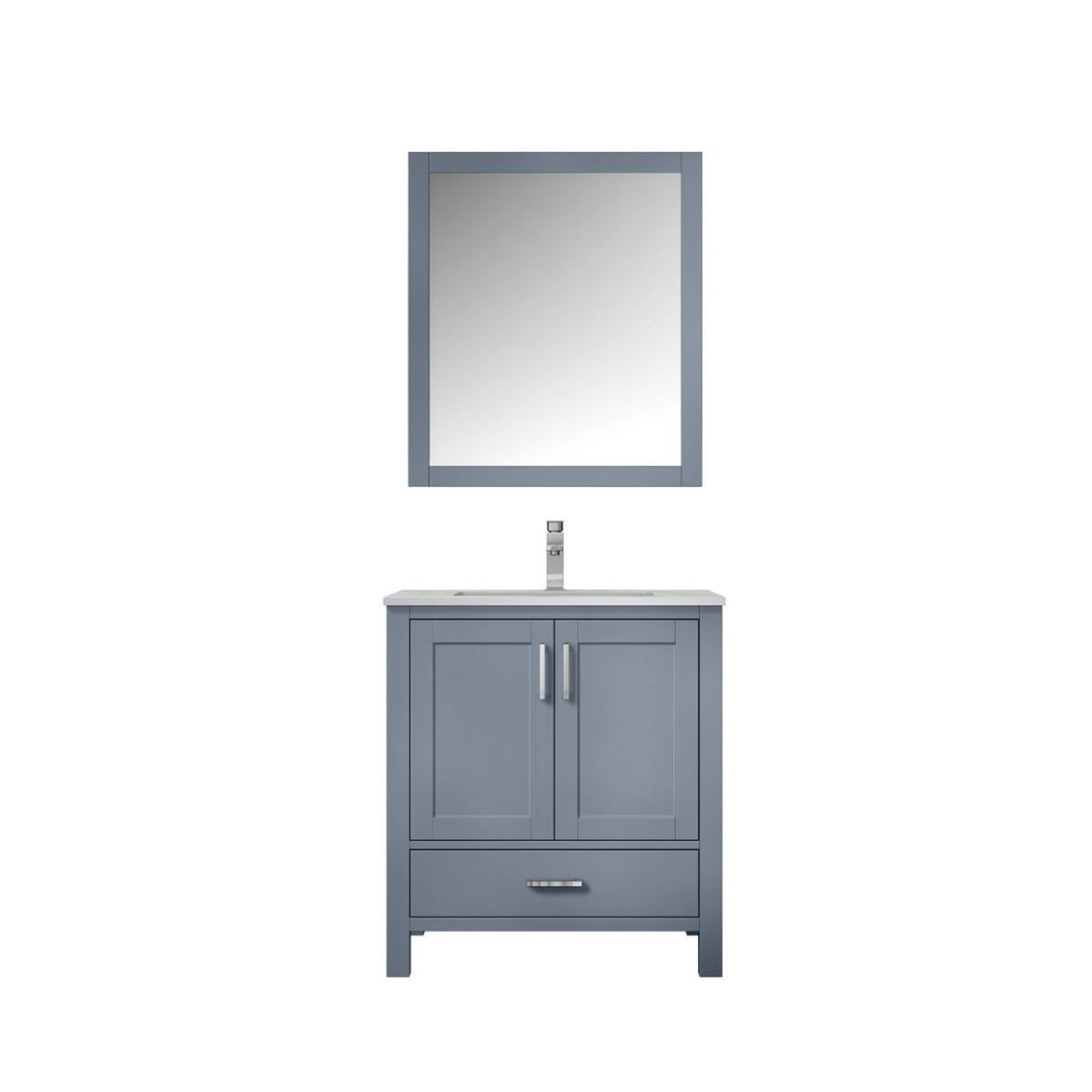 Lexora Jacques 30" Dark Grey Single Vanity, White Carrara Marble Top, White Square Sink and 28" Mirror w/ Faucet LJ342230SBDSM28F - MyBBQDirect