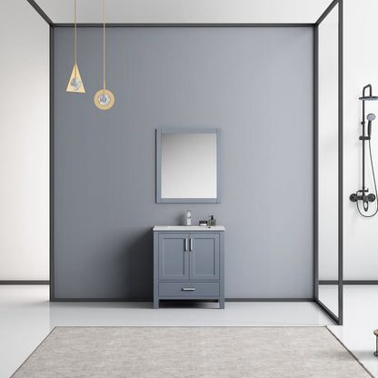 Lexora Jacques 30" Dark Grey Single Vanity, White Carrara Marble Top, White Square Sink and 28" Mirror w/ Faucet LJ342230SBDSM28F - MyBBQDirect