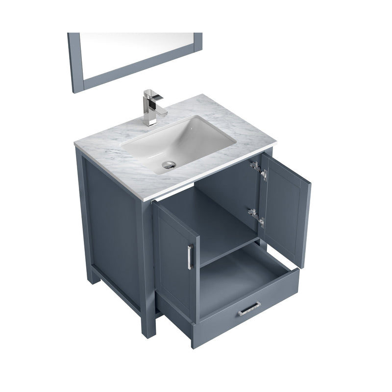 Lexora Jacques 30" Dark Grey Single Vanity, White Carrara Marble Top, White Square Sink and 28" Mirror w/ Faucet LJ342230SBDSM28F