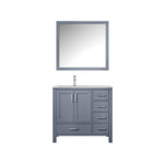 Lexora Jacques 36" Dark Grey Single Vanity, White Carrara Marble Top, White Square Sink and 34" Mirror - Left Version LJ342236SBDSM34-L - MyBBQDirect
