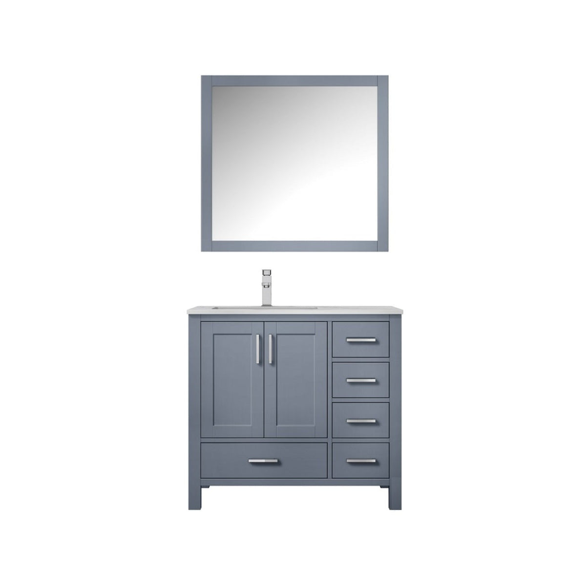 Lexora Jacques 36" Dark Grey Single Vanity, White Carrara Marble Top, White Square Sink and 34" Mirror - Left Version LJ342236SBDSM34-L - MyBBQDirect