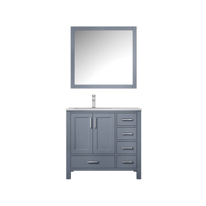 Lexora Jacques 36" Dark Grey Single Vanity, White Carrara Marble Top, White Square Sink and 34" Mirror - Left Version LJ342236SBDSM34-L - MyBBQDirect
