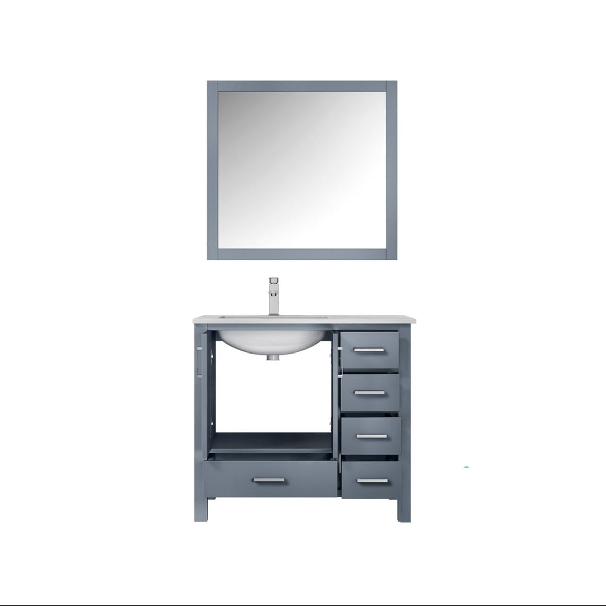 Lexora Jacques 36" Dark Grey Single Vanity, White Carrara Marble Top, White Square Sink and 34" Mirror - Left Version LJ342236SBDSM34-L - MyBBQDirect