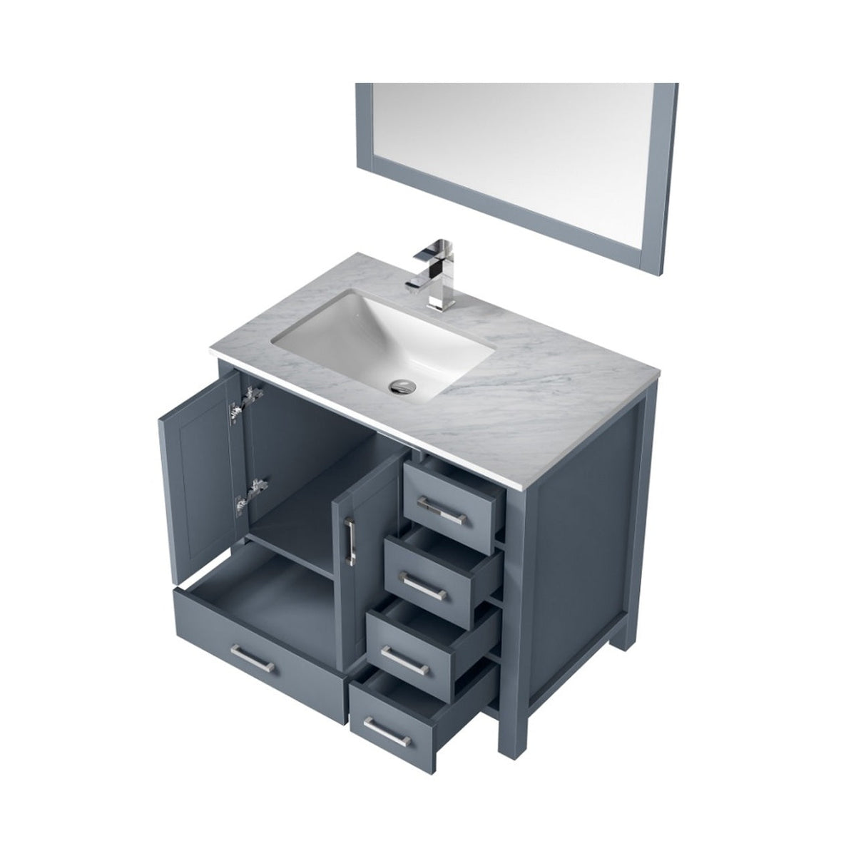 Lexora Jacques 36" Dark Grey Single Vanity, White Carrara Marble Top, White Square Sink and 34" Mirror - Left Version LJ342236SBDSM34-L - MyBBQDirect