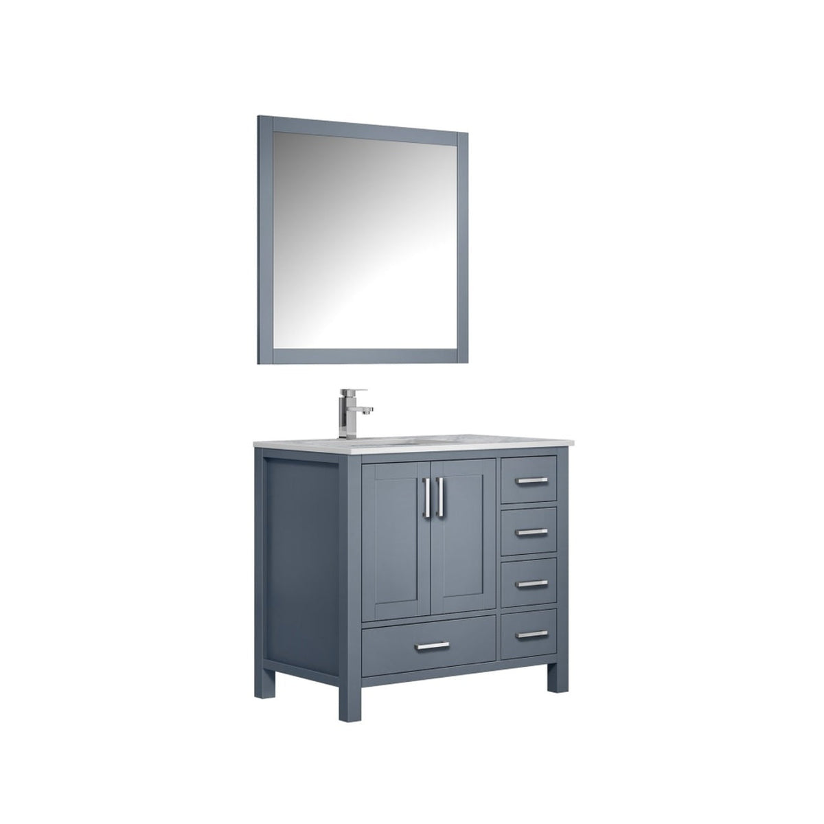 Lexora Jacques 36" Dark Grey Single Vanity, White Carrara Marble Top, White Square Sink and 34" Mirror - Left Version LJ342236SBDSM34-L - MyBBQDirect