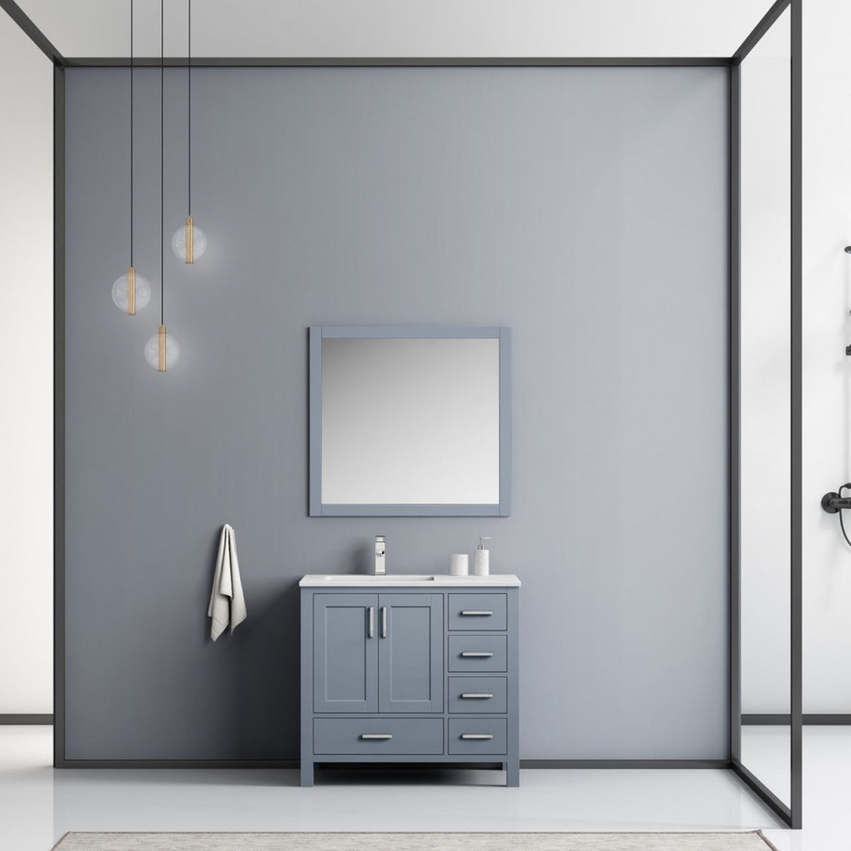 Lexora Jacques 36" Dark Grey Single Vanity, White Carrara Marble Top, White Square Sink and 34" Mirror - Left Version LJ342236SBDSM34-L - MyBBQDirect