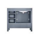 Lexora Jacques 36" Dark Grey Single Vanity, White Carrara Marble Top, White Square Sink and 34" Mirror w/ Faucet - Left Version LJ342236SBDSM34F-L