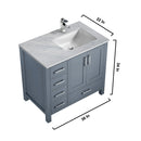 Lexora Jacques 36" Dark Grey Single Vanity, White Carrara Marble Top, White Square Sink and 34" Mirror w/ Faucet - Right Version LJ342236SBDSM34F-R - MyBBQDirect
