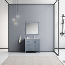 Lexora Jacques 36" Dark Grey Single Vanity, White Carrara Marble Top, White Square Sink and 34" Mirror w/ Faucet - Right Version LJ342236SBDSM34F-R - MyBBQDirect