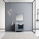 Lexora Jacques 36" Dark Grey Single Vanity, White Carrara Marble Top, White Square Sink and 34" Mirror w/ Faucet - Right Version LJ342236SBDSM34F-R - MyBBQDirect