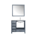 Lexora Jacques 36" Dark Grey Single Vanity, White Carrara Marble Top, White Square Sink and 34" Mirror w/ Faucet - Right Version LJ342236SBDSM34F-R - MyBBQDirect