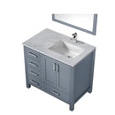 Lexora Jacques 36" Dark Grey Single Vanity, White Carrara Marble Top, White Square Sink and 34" Mirror w/ Faucet - Right Version LJ342236SBDSM34F-R - MyBBQDirect