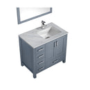 Lexora Jacques 36" Dark Grey Single Vanity, White Carrara Marble Top, White Square Sink and 34" Mirror w/ Faucet - Right Version LJ342236SBDSM34F-R - MyBBQDirect