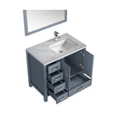 Lexora Jacques 36" Dark Grey Single Vanity, White Carrara Marble Top, White Square Sink and 34" Mirror w/ Faucet - Right Version LJ342236SBDSM34F-R - MyBBQDirect