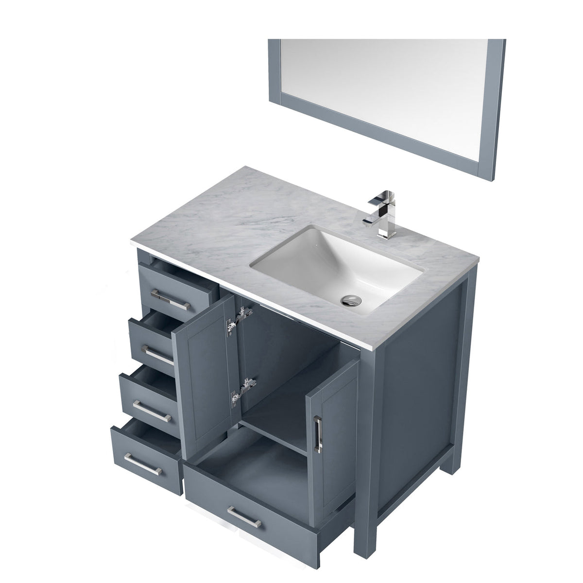 Lexora Jacques 36" Dark Grey Single Vanity, White Carrara Marble Top, White Square Sink and 34" Mirror w/ Faucet - Right Version LJ342236SBDSM34F-R - MyBBQDirect