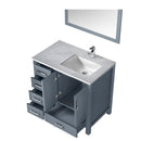 Lexora Jacques 36" Dark Grey Single Vanity, White Carrara Marble Top, White Square Sink and 34" Mirror w/ Faucet - Right Version LJ342236SBDSM34F-R - MyBBQDirect