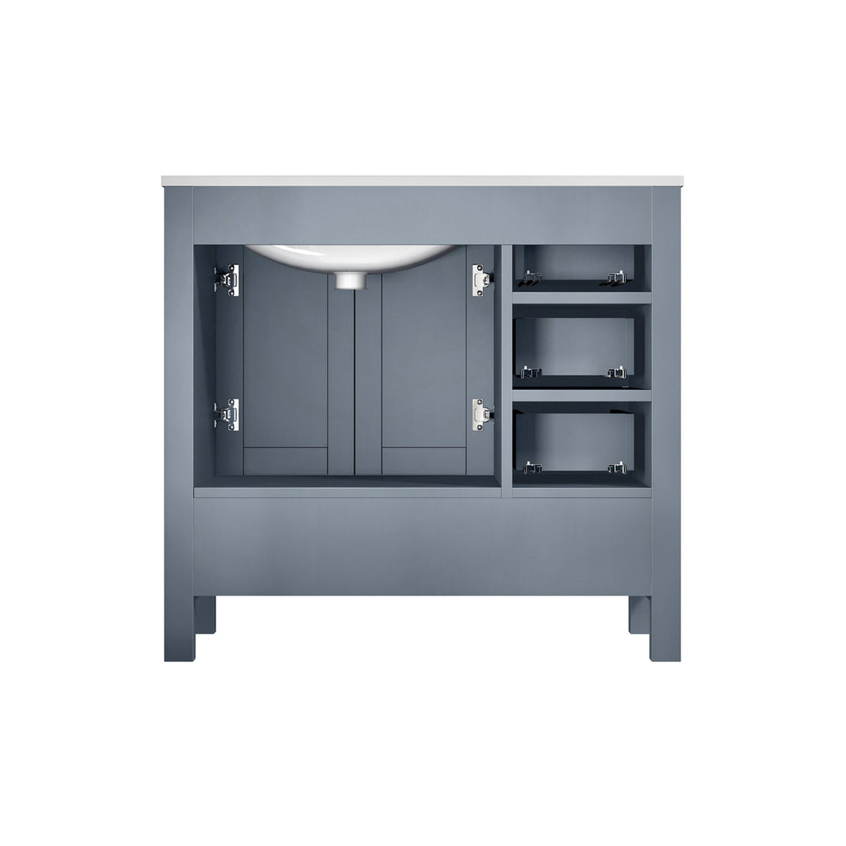 Lexora Jacques 36" Dark Grey Single Vanity, White Carrara Marble Top, White Square Sink and 34" Mirror w/ Faucet - Right Version LJ342236SBDSM34F-R - MyBBQDirect