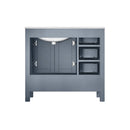 Lexora Jacques 36" Dark Grey Single Vanity, White Carrara Marble Top, White Square Sink and 34" Mirror w/ Faucet - Right Version LJ342236SBDSM34F-R - MyBBQDirect