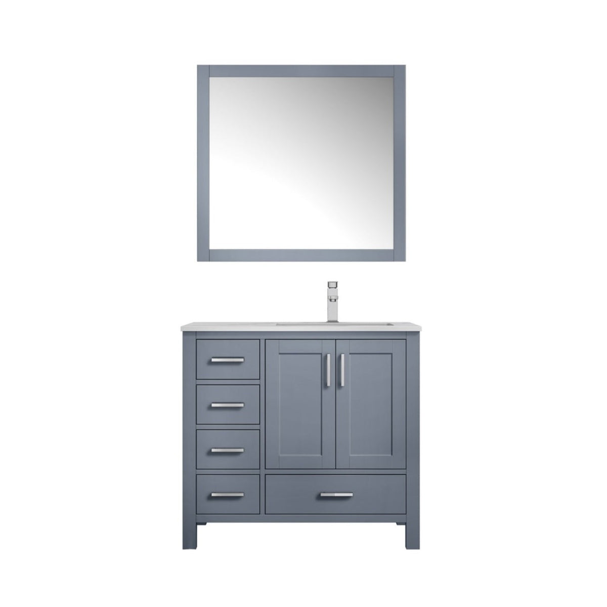 Lexora Jacques 36" Dark Grey Single Vanity, White Carrara Marble Top, White Square Sink and 34" Mirror w/ Faucet - Right Version LJ342236SBDSM34F-R - MyBBQDirect