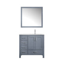 Lexora Jacques 36" Dark Grey Single Vanity, White Carrara Marble Top, White Square Sink and 34" Mirror w/ Faucet - Right Version LJ342236SBDSM34F-R - MyBBQDirect