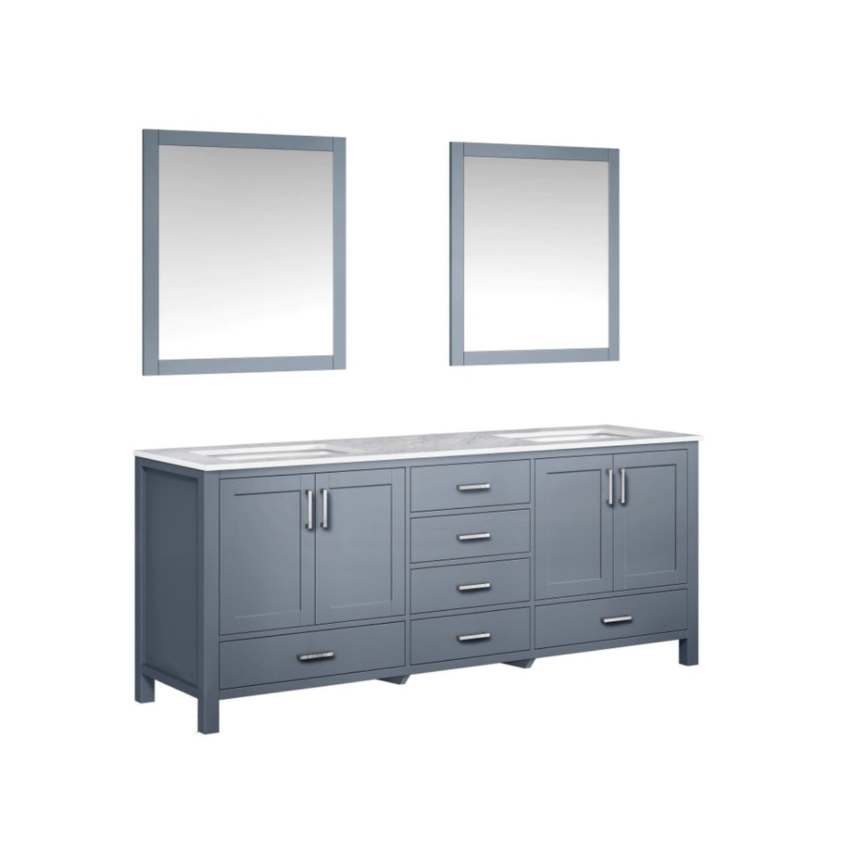 Lexora  Jacques 80" Dark Grey Double Vanity, White Carrara Marble Top, White Square Sinks and 30" Mirrors LJ342280DBDSM30 - MyBBQDirect