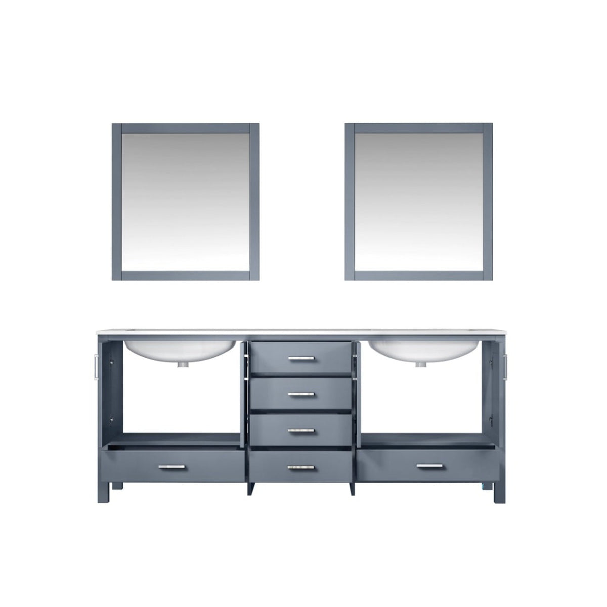Lexora  Jacques 80" Dark Grey Double Vanity, White Carrara Marble Top, White Square Sinks and 30" Mirrors LJ342280DBDSM30 - MyBBQDirect