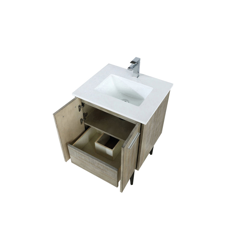 Lexora Lancy 24" Rustic Acacia Bathroom Vanity, White Quartz Top, White Square Sink, and Labaro Brushed Nickel Faucet Set - LLC24SKSOS000FBN