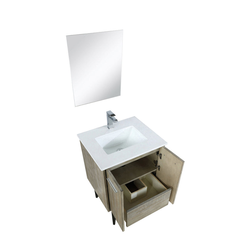 Lexora Lancy 24" Rustic Acacia Bathroom Vanity, White Quartz Top, White Square Sink, Labaro Rose Gold Faucet Set, and 18" Frameless Mirror LLC24SKSOSM18FRG