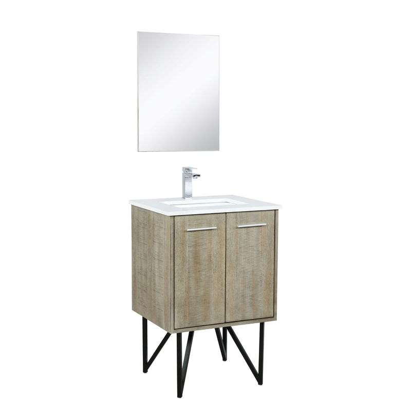 Lexora Lancy 24" Rustic Acacia Bathroom Vanity, White Quartz Top, White Square Sink, Balzani Gun Metal Faucet Set, and 18" Frameless Mirror LLC24SKSOSM18FGM