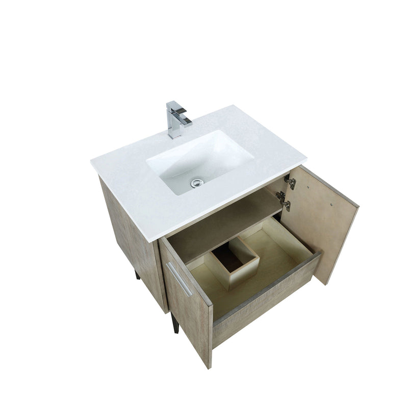 Lexora Lancy 30" Rustic Acacia Bathroom Vanity, White Quartz Top, White Square Sink, and Labaro Brushed Nickel Faucet Set LLC30SKSOS000FBN