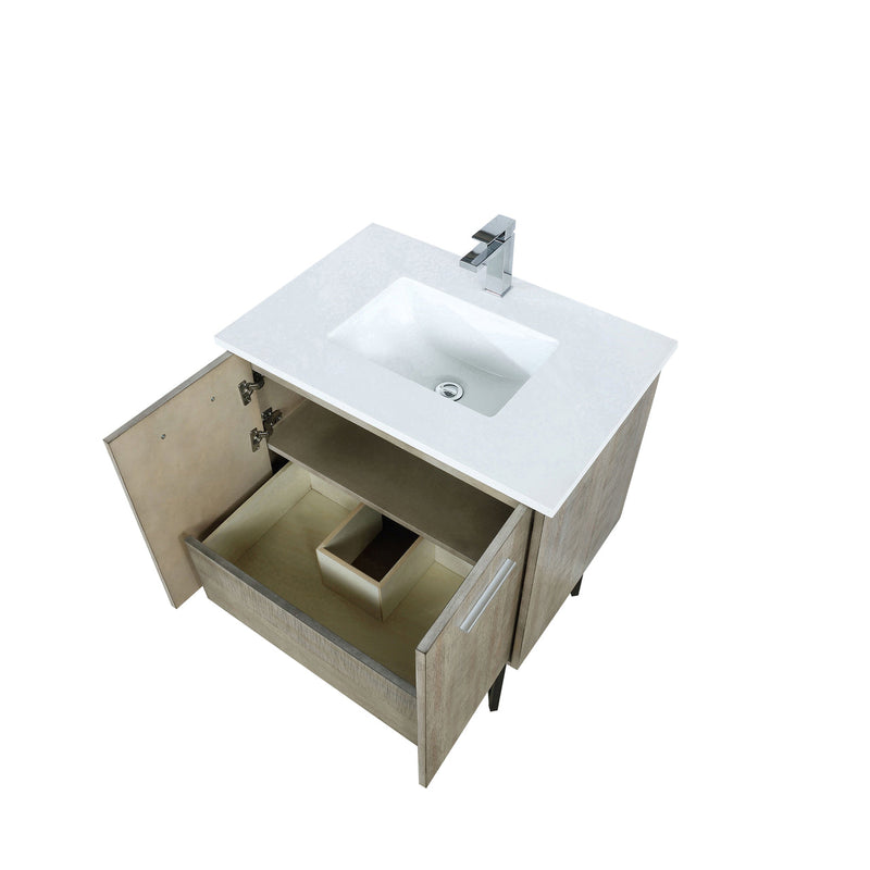 Lexora Lancy 30" Rustic Acacia Bathroom Vanity, White Quartz Top, White Square Sink, and Labaro Brushed Nickel Faucet Set LLC30SKSOS000FBN