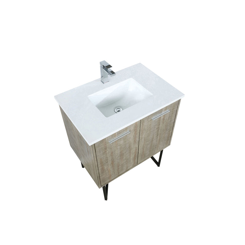 Lexora Lancy 30" Rustic Acacia Bathroom Vanity, White Quartz Top, White Square Sink, and Labaro Rose Gold Faucet Set LLC30SKSOS000FRG