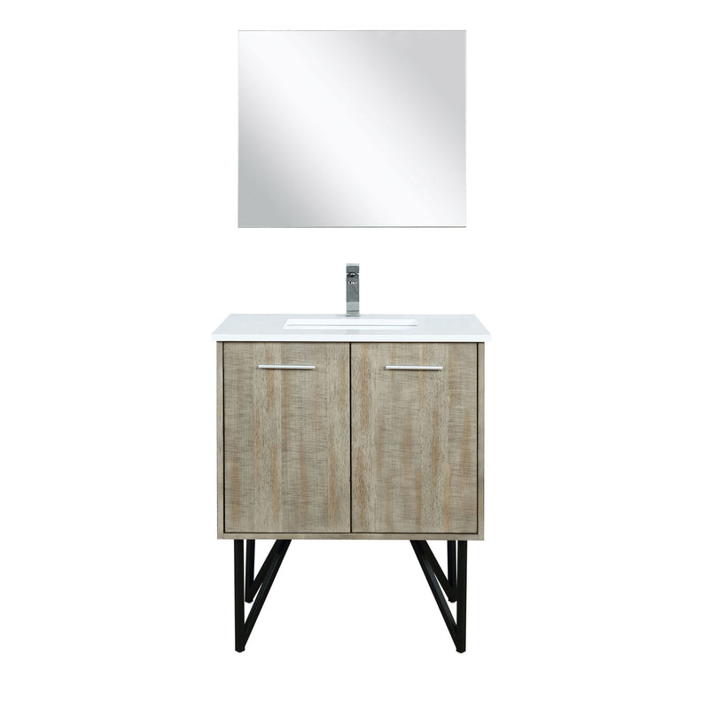 Lexora Lancy 30" Rustic Acacia Bathroom Vanity, White Quartz Top, White Square Sink, Labaro Brushed Nickel Faucet Set, and 28" Frameless Mirror LLC30SKSOSM28FBN