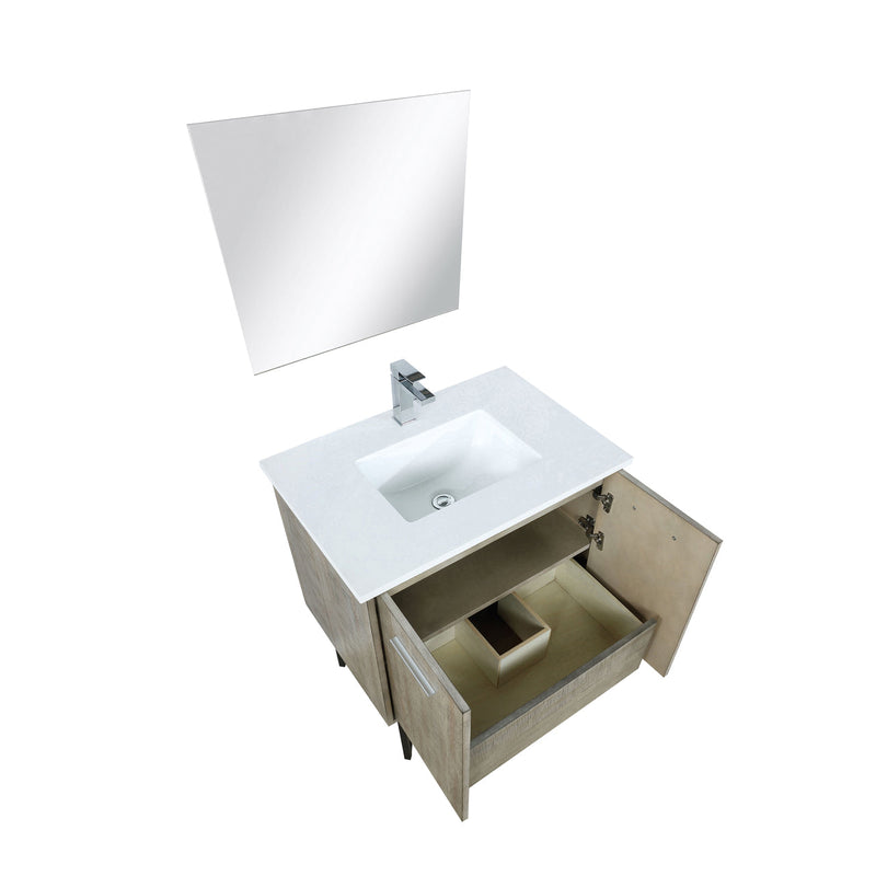 Lexora Lancy 30" Rustic Acacia Bathroom Vanity, White Quartz Top, White Square Sink, Labaro Brushed Nickel Faucet Set, and 28" Frameless Mirror LLC30SKSOSM28FBN