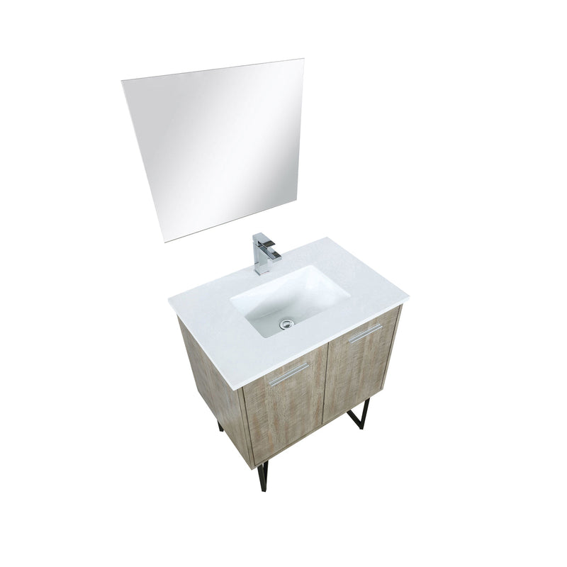 Lexora Lancy 30" Rustic Acacia Bathroom Vanity, White Quartz Top, White Square Sink, Balzani Gun Metal Faucet Set, and 28" Frameless Mirror LLC30SKSOSM28FGM