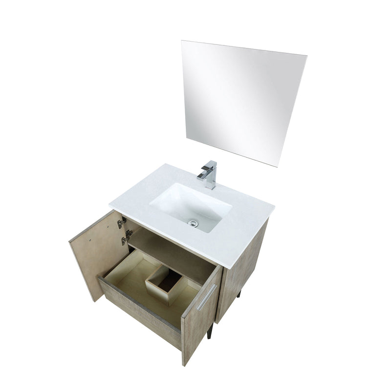 Lexora Lancy 30" Rustic Acacia Bathroom Vanity, White Quartz Top, White Square Sink, Balzani Gun Metal Faucet Set, and 28" Frameless Mirror LLC30SKSOSM28FGM