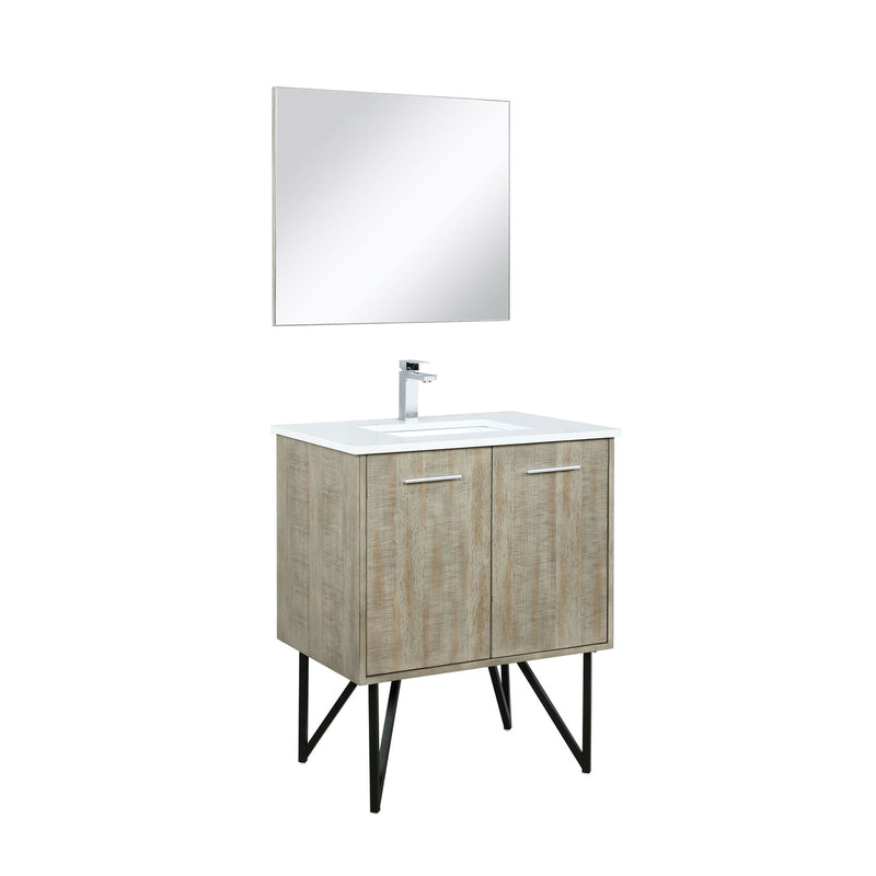 Lexora Lancy 30" Rustic Acacia Bathroom Vanity, White Quartz Top, White Square Sink, Balzani Gun Metal Faucet Set, and 28" Frameless Mirror LLC30SKSOSM28FGM