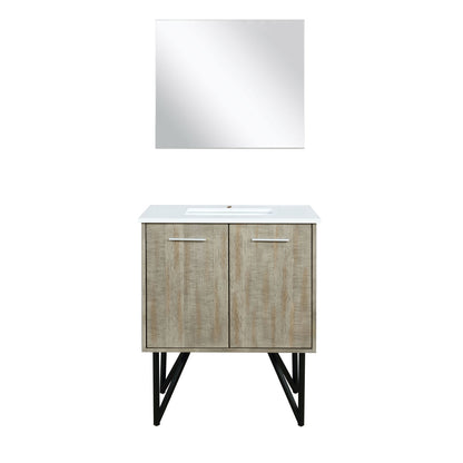 Lexora Lancy 30" Rustic Acacia Bathroom Vanity, White Quartz Top, White Square Sink, and 28" Frameless Mirror  LLC30SKSOSM28 - MyBBQDirect