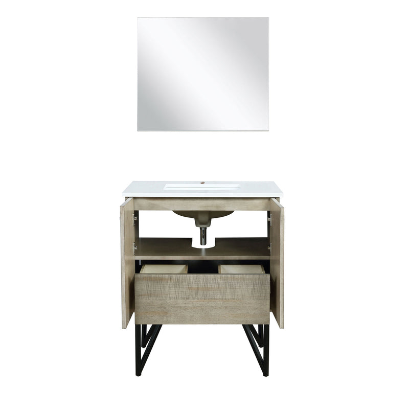 Lexora Lancy 30" Rustic Acacia Bathroom Vanity, White Quartz Top, White Square Sink, and 28" Frameless Mirror  LLC30SKSOSM28