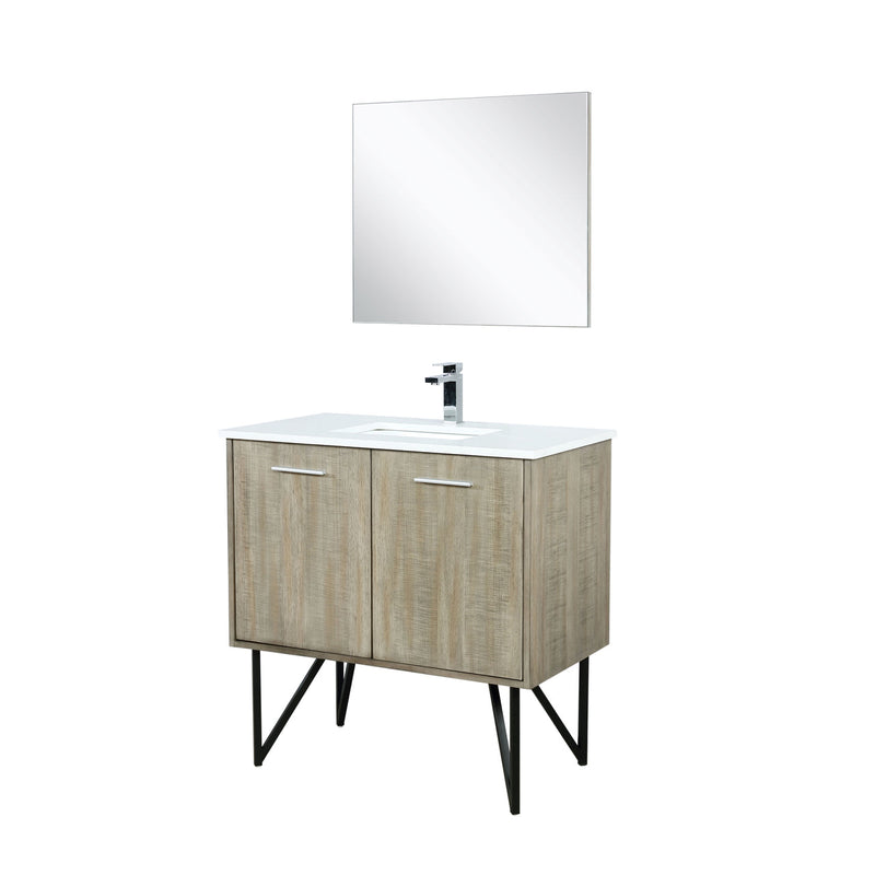 Lexora Lancy 36" Rustic Acacia Bathroom Vanity, White Quartz Top, White Square Sink, Labaro Brushed Nickel Faucet Set, and 28" Frameless Mirror LLC36SKSOSM28FBN