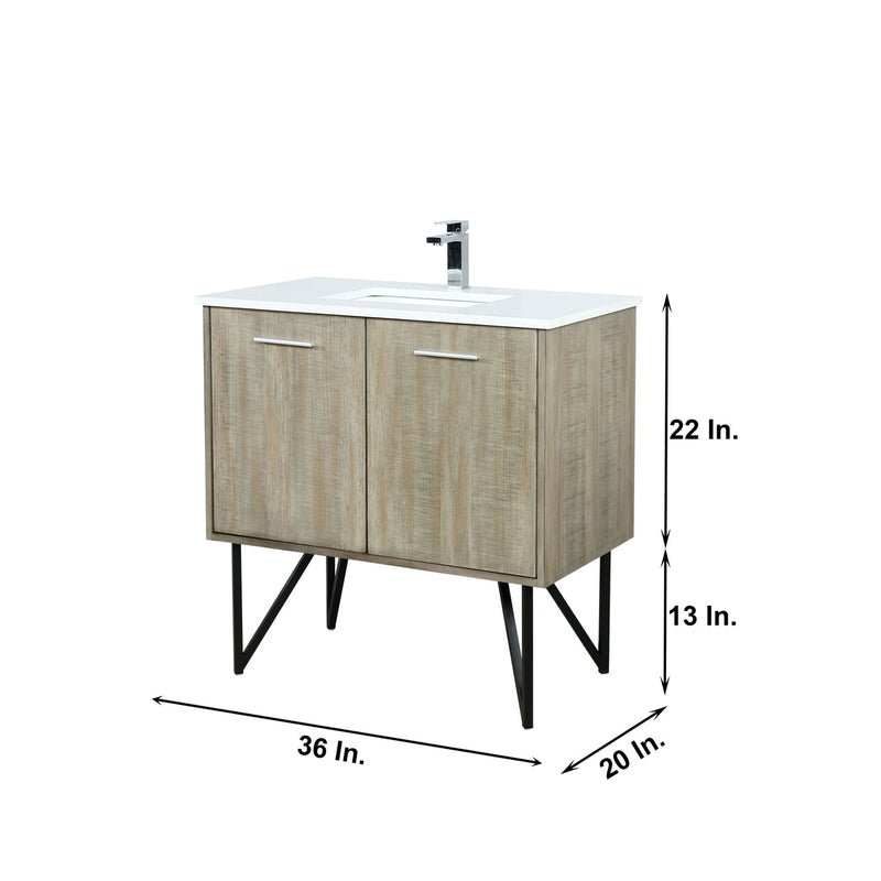 Lexora Lancy 36" Rustic Acacia Bathroom Vanity, White Quartz Top, White Square Sink, Labaro Brushed Nickel Faucet Set, and 28" Frameless Mirror LLC36SKSOSM28FBN