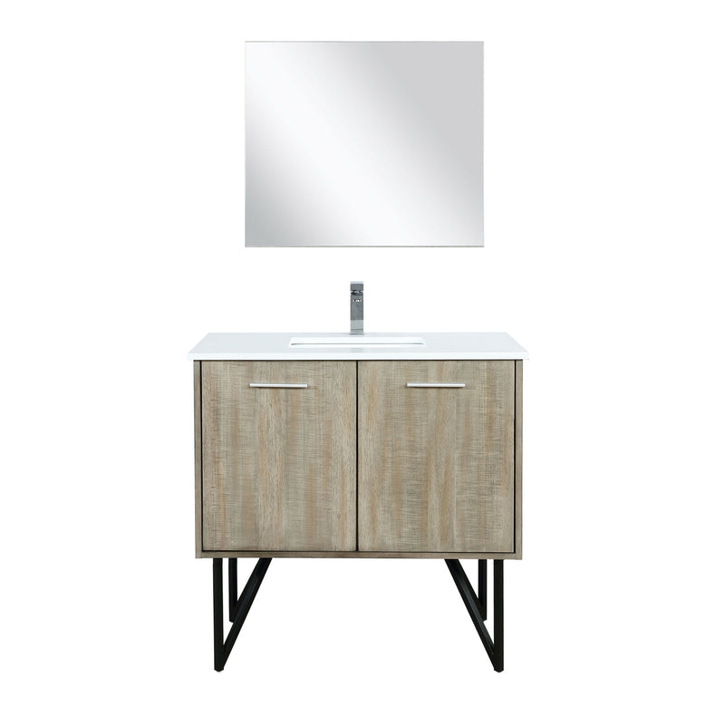 Lexora Lancy 36" Rustic Acacia Bathroom Vanity, White Quartz Top, White Square Sink, Labaro Brushed Nickel Faucet Set, and 28" Frameless Mirror LLC36SKSOSM28FBN