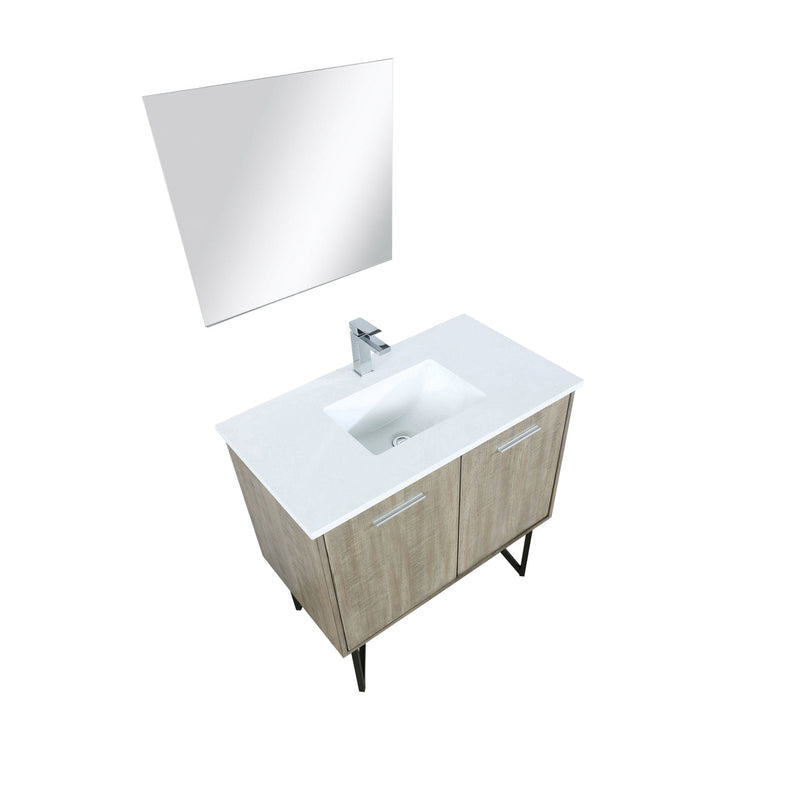 Lexora Lancy 36" Rustic Acacia Bathroom Vanity, White Quartz Top, White Square Sink, Labaro Brushed Nickel Faucet Set, and 28" Frameless Mirror LLC36SKSOSM28FBN