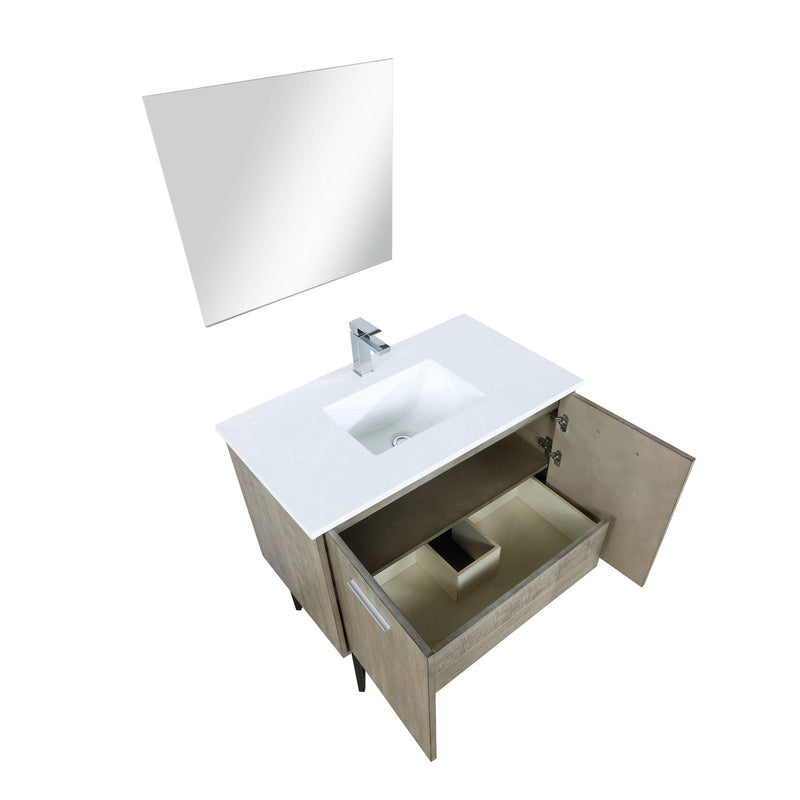 Lexora Lancy 36" Rustic Acacia Bathroom Vanity, White Quartz Top, White Square Sink, Labaro Brushed Nickel Faucet Set, and 28" Frameless Mirror LLC36SKSOSM28FBN